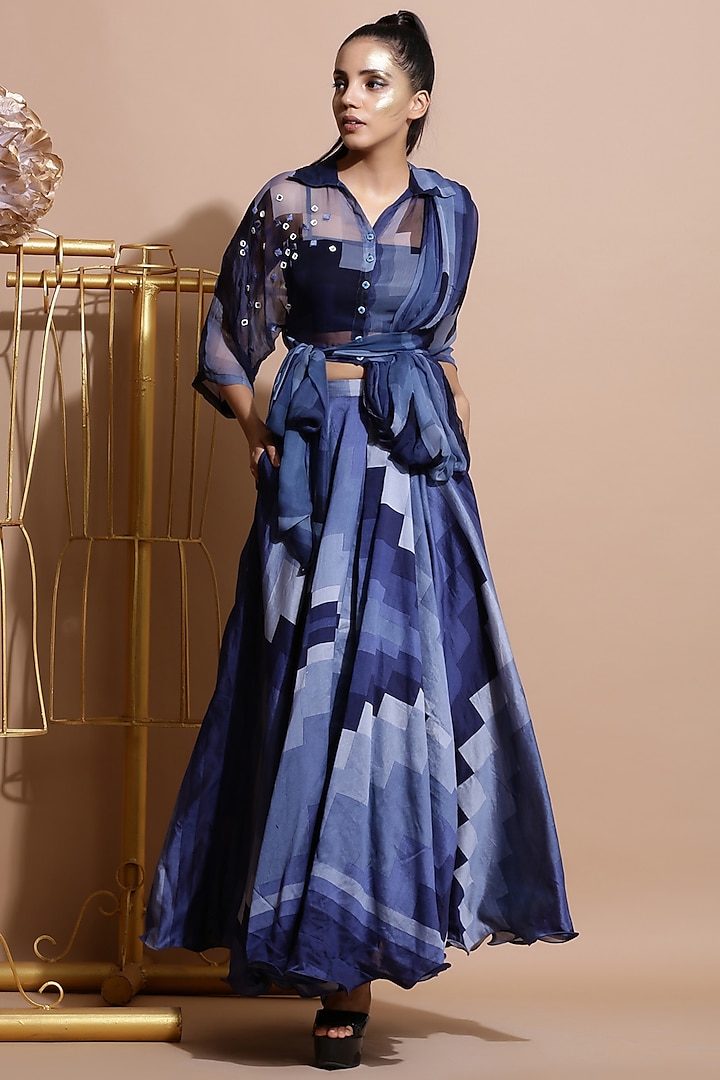 Navy Blue Printed Top With Skirt & Tube by Pallavi Jaipur