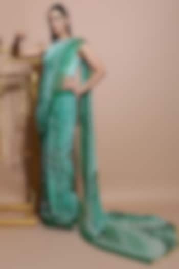Green Printed & Embroidered Saree Set by Pallavi Jaipur