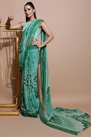 Green Printed & Embroidered Saree Set by Pallavi Jaipur