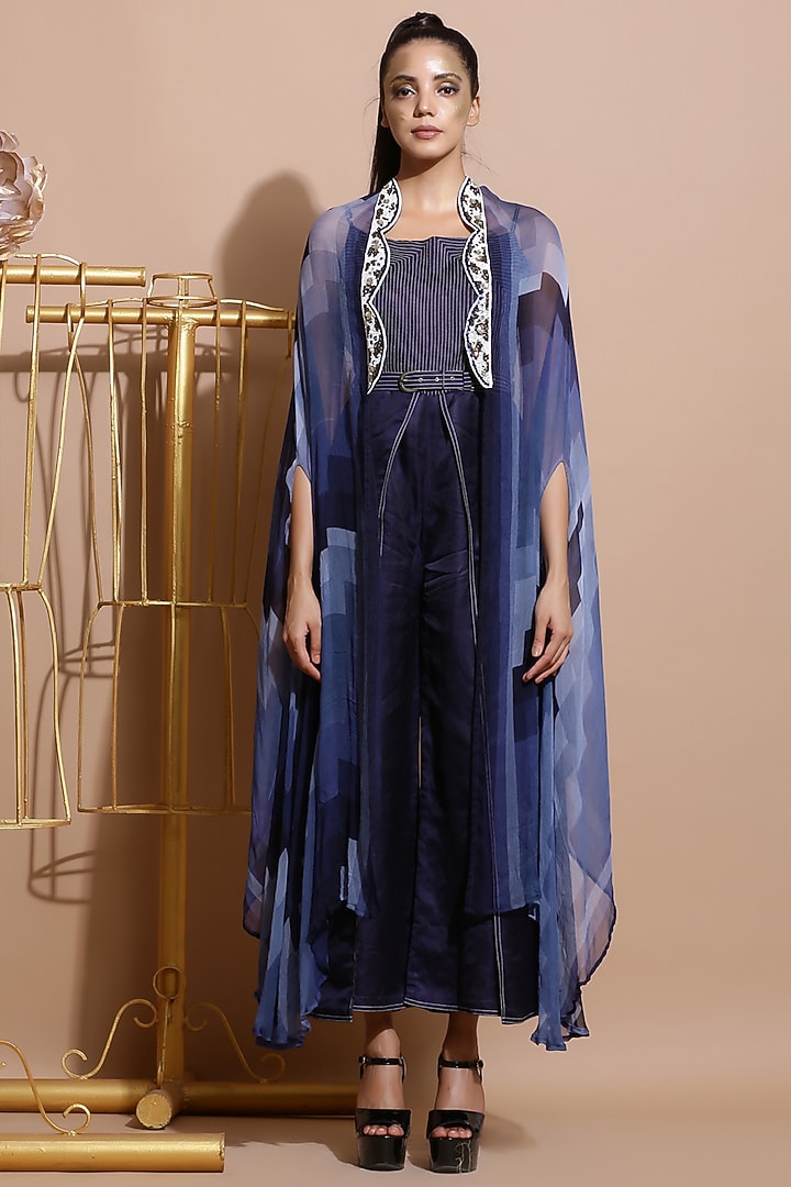 Navy Blue Printed & Embroidered Scallop Cape by Pallavi Jaipur at Pernia's Pop Up Shop