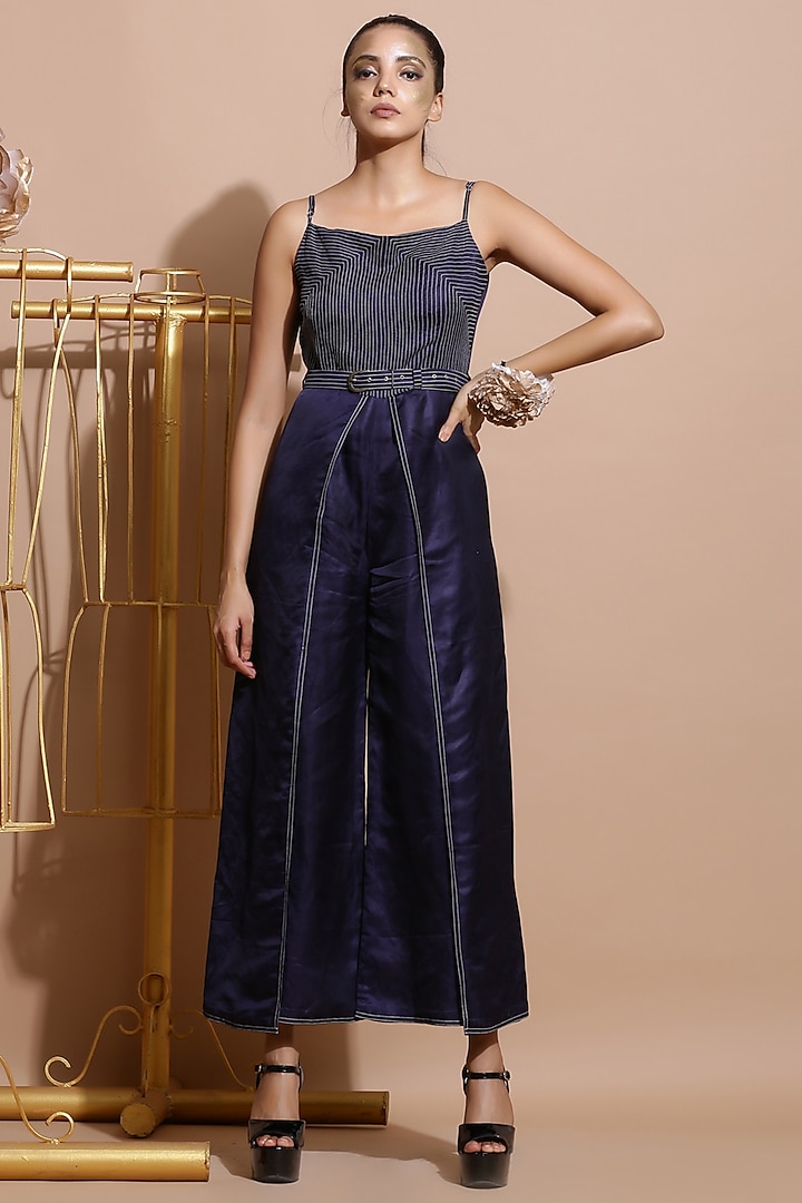 Navy Blue Embroidered Wrap Jumpsuit With Belt by Pallavi Jaipur