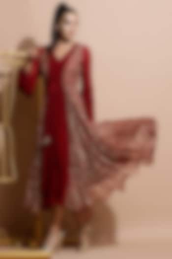 Deep Red Embroidered & Printed Vacation Dress by Pallavi Jaipur at Pernia's Pop Up Shop