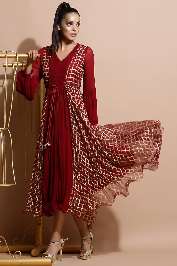 Deep Red Embroidered & Printed Vacation Dress by Pallavi Jaipur at Pernia's Pop Up Shop