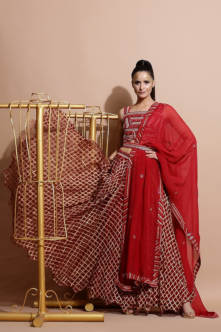 Deep Red Embroidered & Printed Skirt Set by Pallavi Jaipur