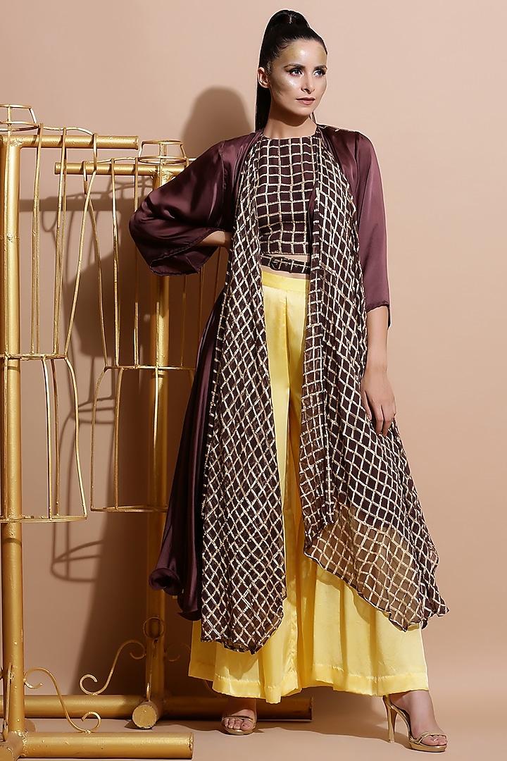 Brown Printed Crop Top With Cape, Yellow Pants & Belt by Pallavi Jaipur