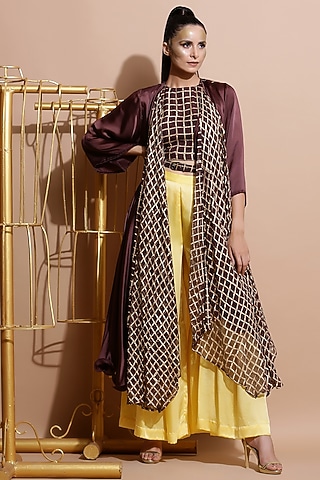 Brown Printed Crop Top With Cape, Yellow Pants & Belt by Pallavi Jaipur