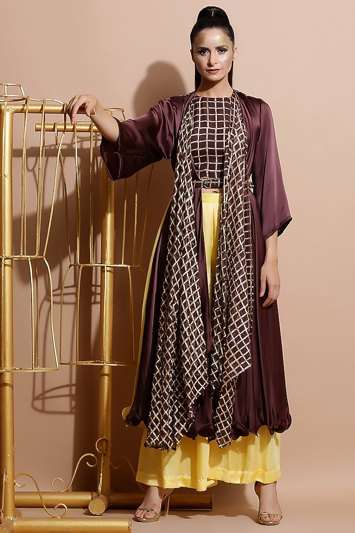 Brown Printed Crop Top With Cape, Yellow Pants & Belt by Pallavi Jaipur at Pernia's Pop Up Shop