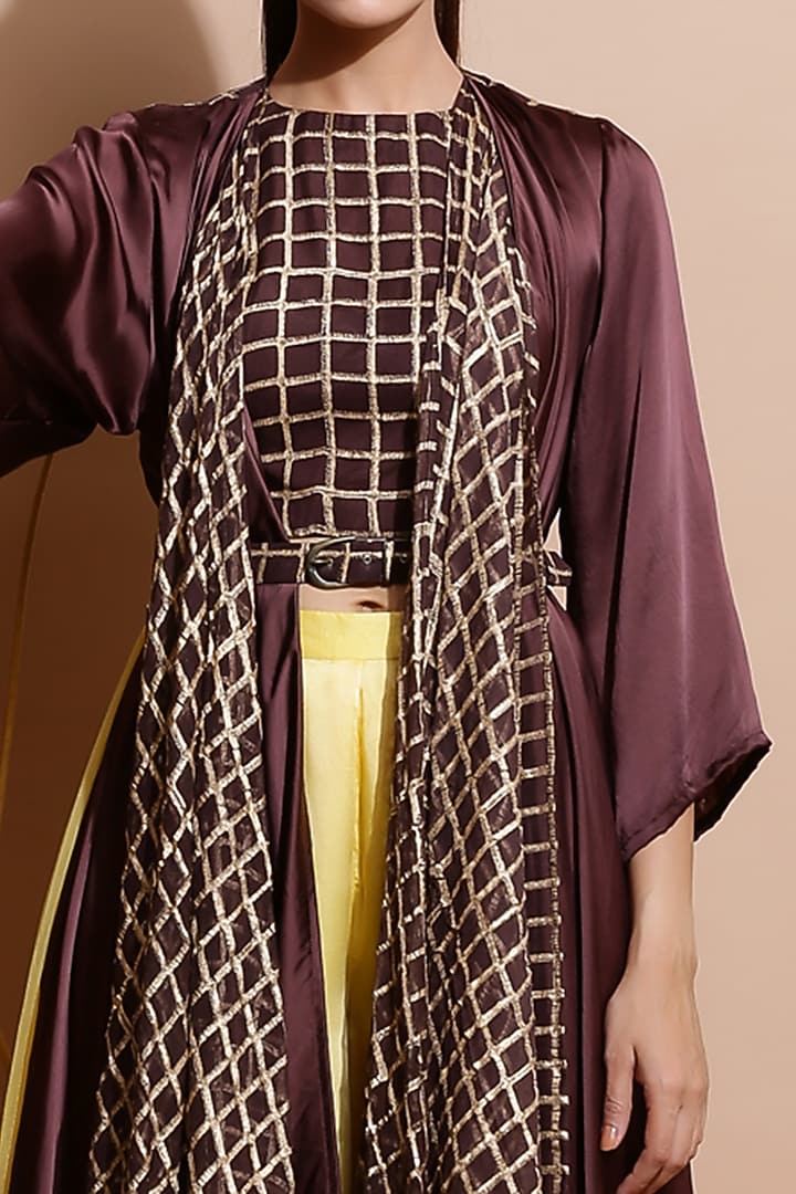 Brown Printed Crop Top With Cape, Yellow Pants & Belt by Pallavi Jaipur at Pernia's Pop Up Shop