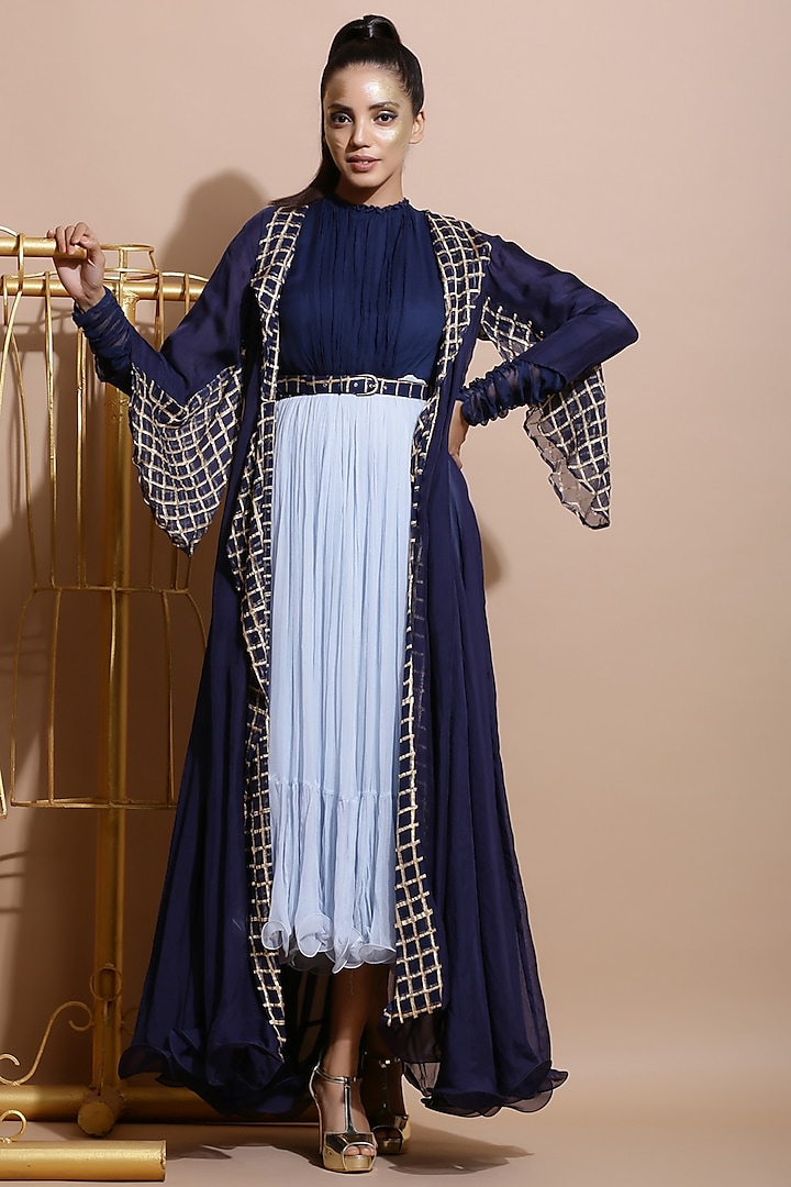 Navy Blue & Sky Blue Ruched Dress With Printed Jacket & Belt by Pallavi Jaipur
