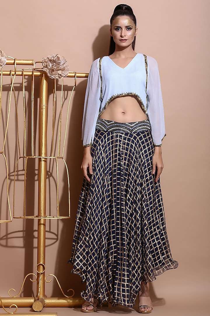 Sky Blue Embroidered Top With Navy Blue Printed Skirt by Pallavi Jaipur