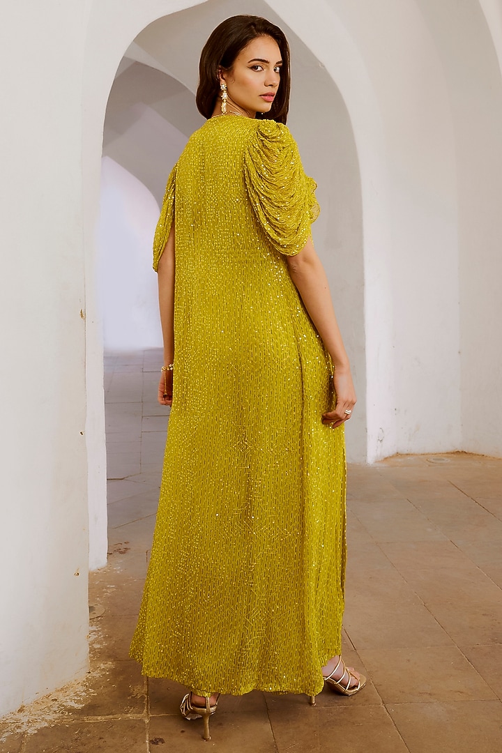 Lemon Green Silk Blend Printed Cowl Jumpsuit by Pallavi Jaipur at Pernia's Pop Up Shop