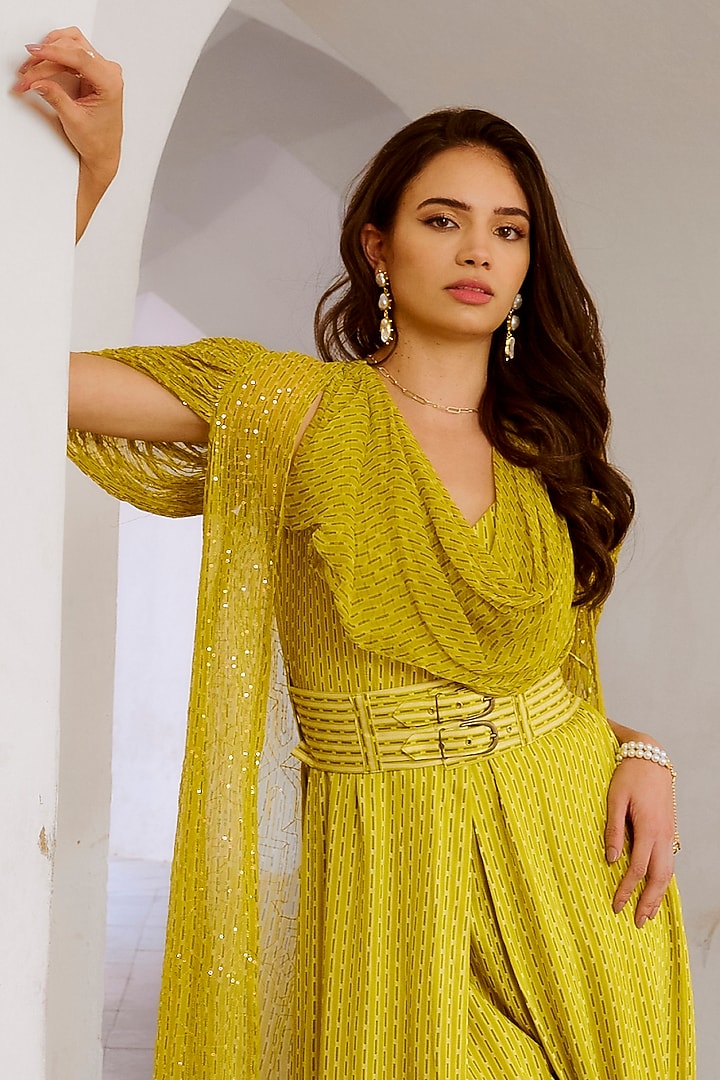 Lemon Green Silk Blend Printed Cowl Jumpsuit by Pallavi Jaipur at Pernia's Pop Up Shop
