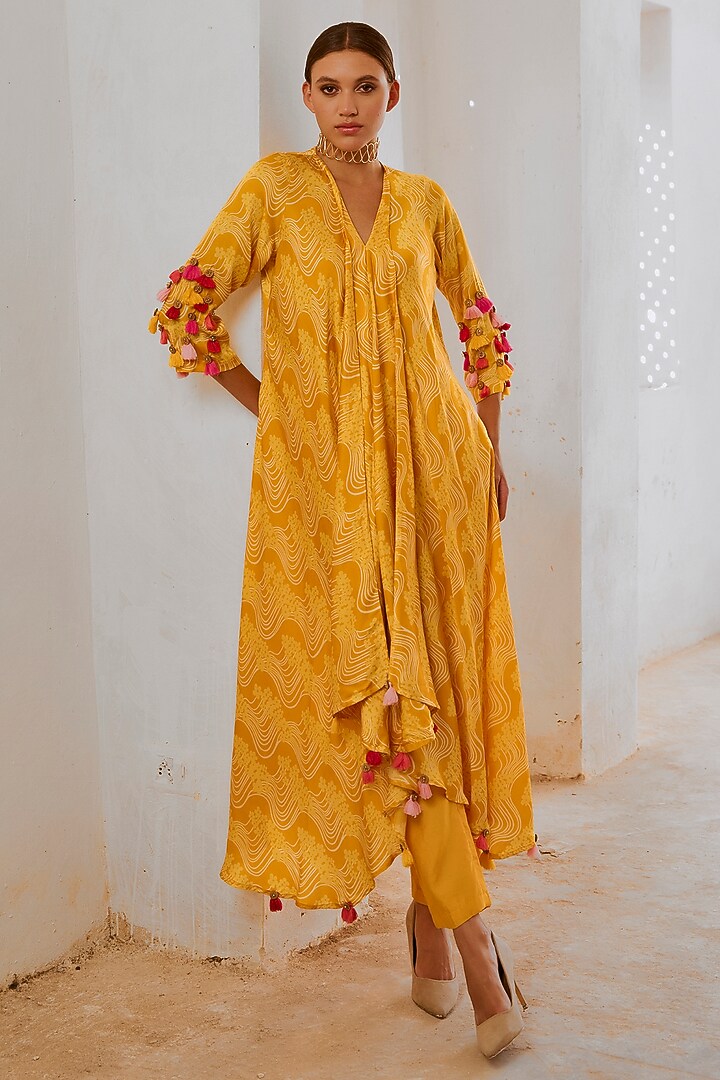 Marigold Yellow Silk Blend Floral Printed Tunic Set by Pallavi Jaipur at Pernia's Pop Up Shop