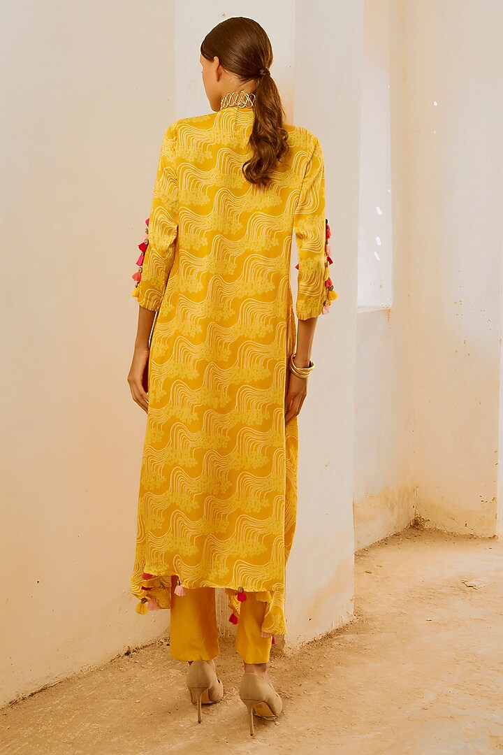 Marigold Yellow Silk Blend Floral Printed Tunic Set by Pallavi Jaipur at Pernia's Pop Up Shop