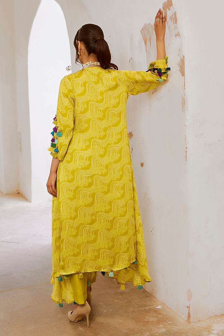 Lemon Yellow Silk Blend Floral Printed Tunic Set by Pallavi Jaipur at Pernia's Pop Up Shop