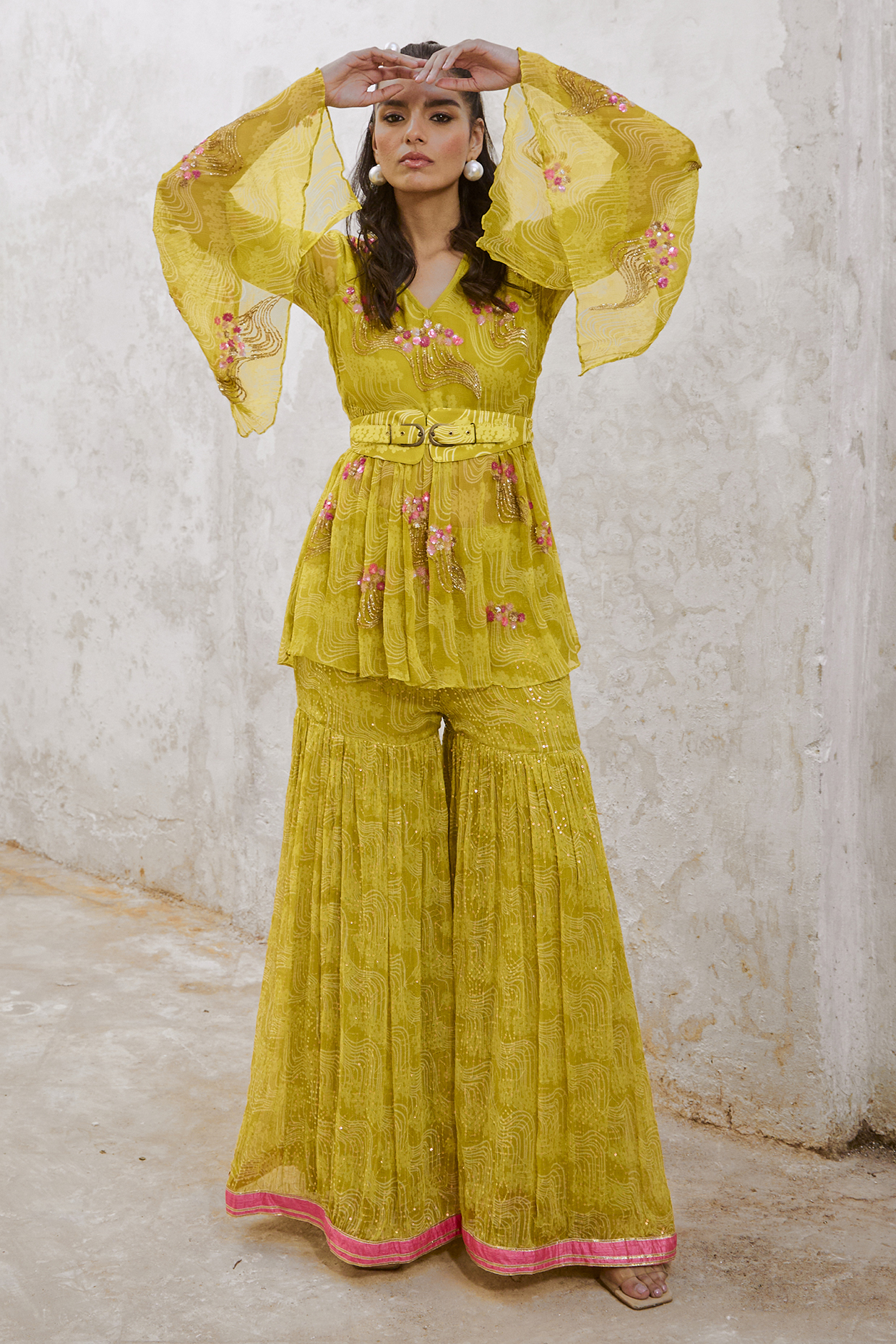 Lemon Green Chiffon Printed Wedding Sharara Set by Pallavi Jaipur at Pernia's Pop Up Shop