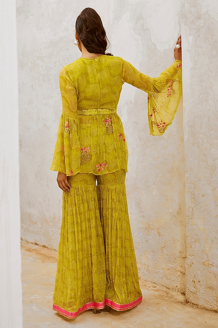 Lemon Green Chiffon Printed Wedding Sharara Set by Pallavi Jaipur at Pernia's Pop Up Shop