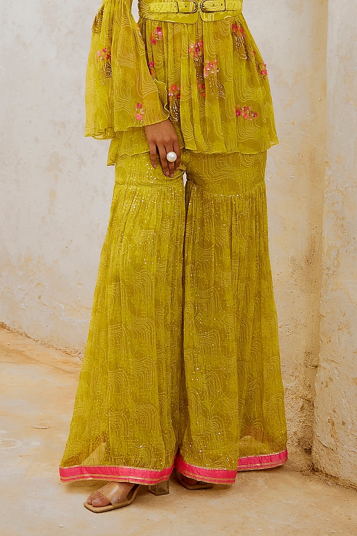 Lemon Green Chiffon Printed Wedding Sharara Set by Pallavi Jaipur at Pernia's Pop Up Shop