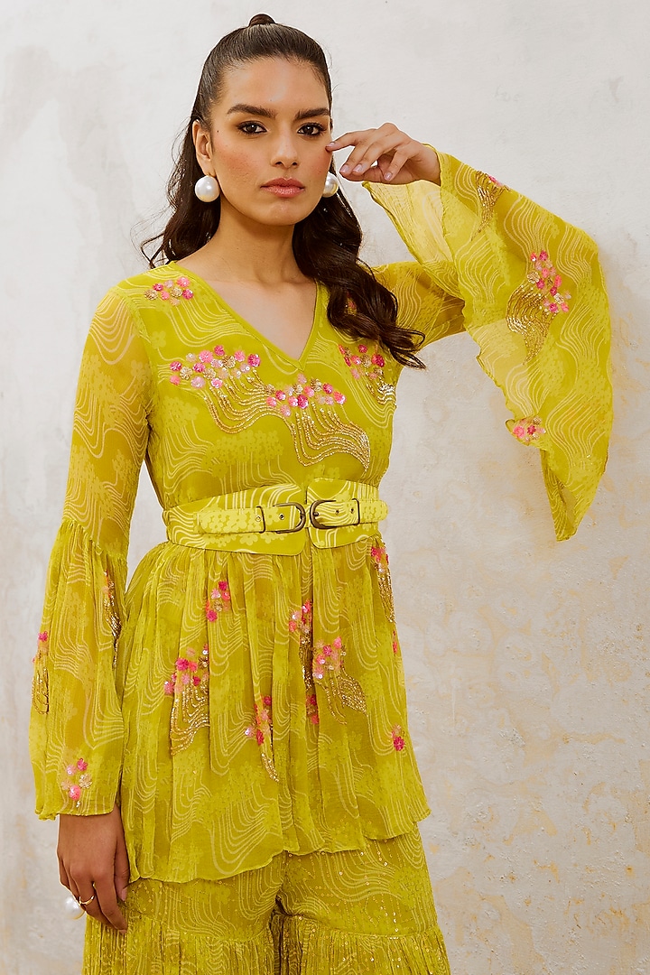 Lemon Green Chiffon Printed Wedding Sharara Set by Pallavi Jaipur at Pernia's Pop Up Shop