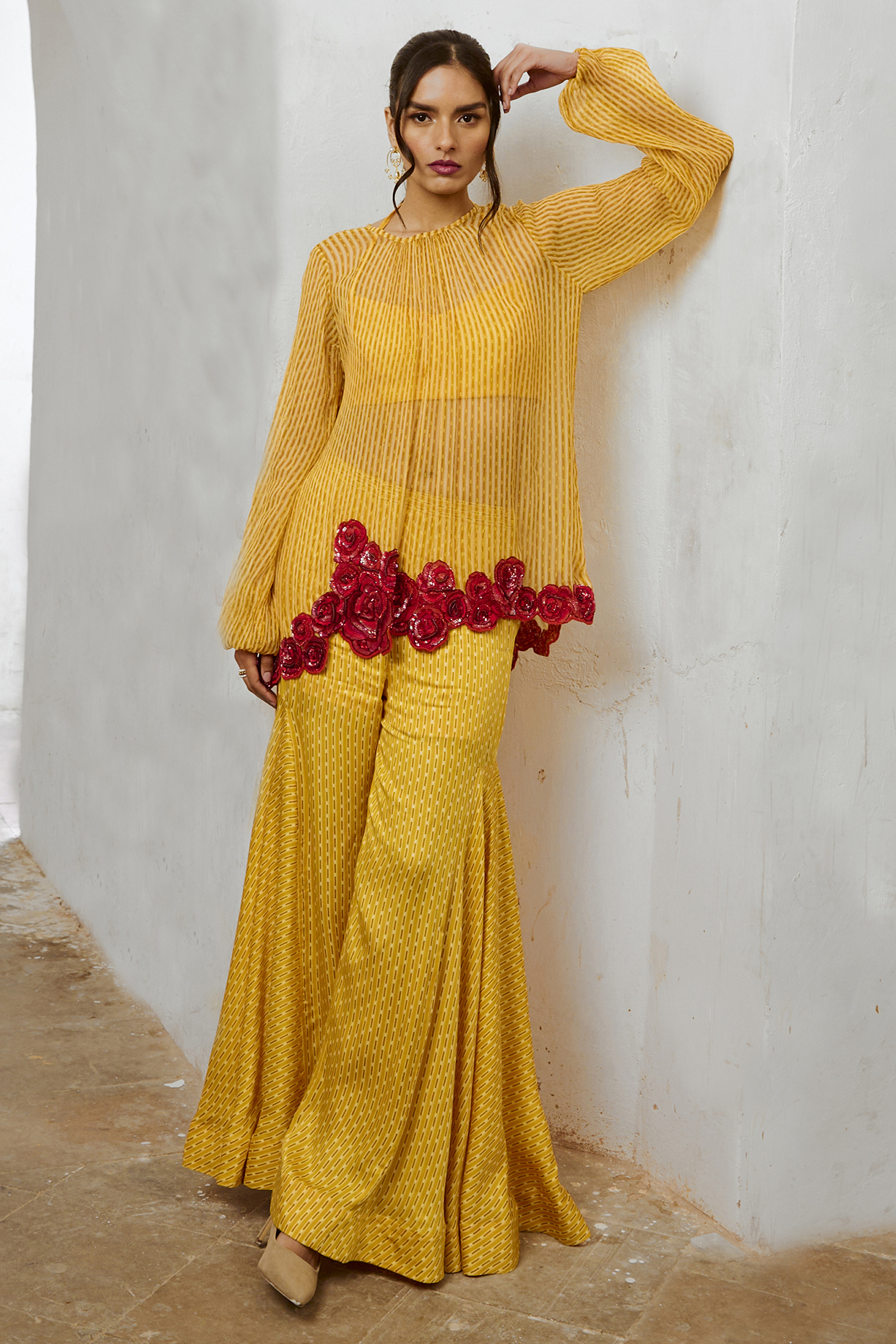 Marigold Yellow Silk Blend Printed & Resham Embroidered Tunic Set by Pallavi Jaipur at Pernia's Pop Up Shop