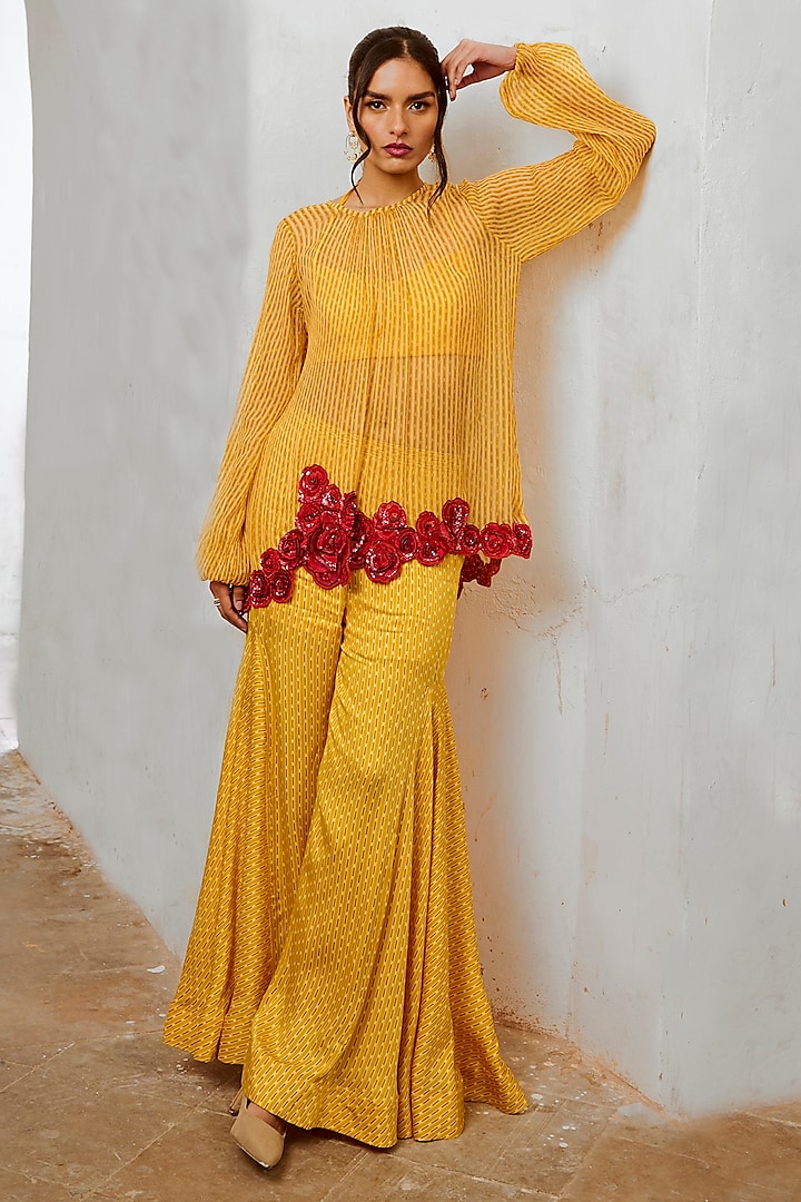 Marigold Yellow Silk Blend Printed & Resham Embroidered Tunic Set by Pallavi Jaipur at Pernia's Pop Up Shop