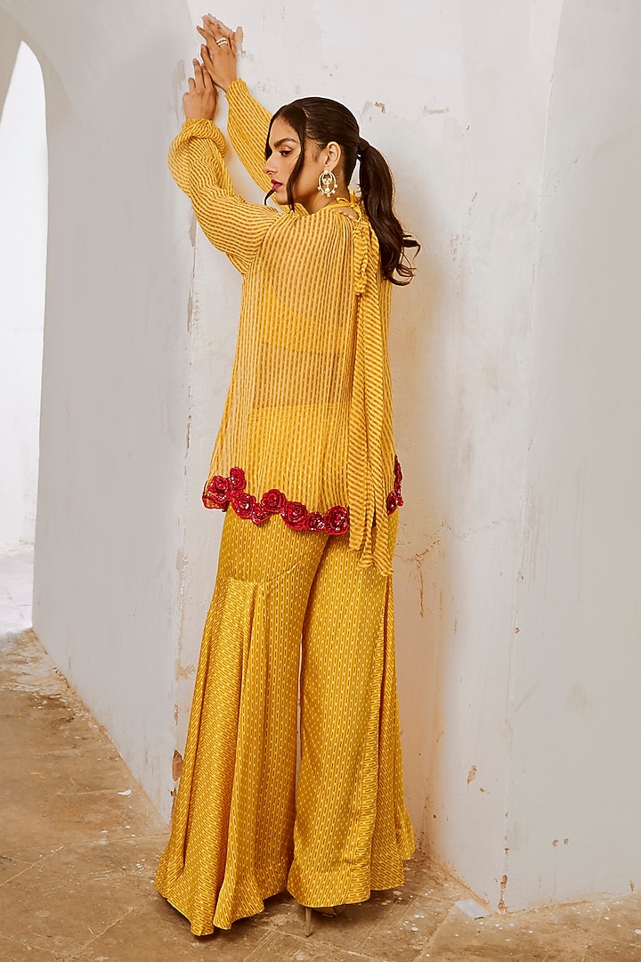 Marigold Yellow Silk Blend Printed & Resham Embroidered Tunic Set by Pallavi Jaipur at Pernia's Pop Up Shop