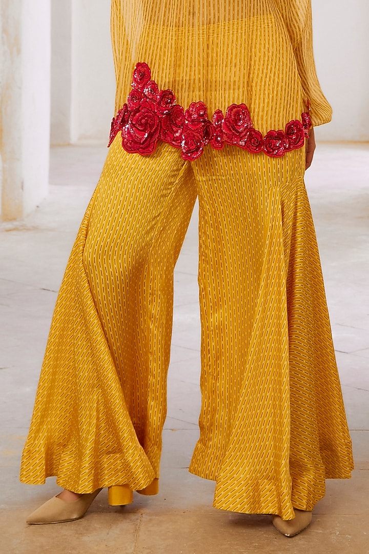 Marigold Yellow Silk Blend Printed & Resham Embroidered Tunic Set by Pallavi Jaipur at Pernia's Pop Up Shop
