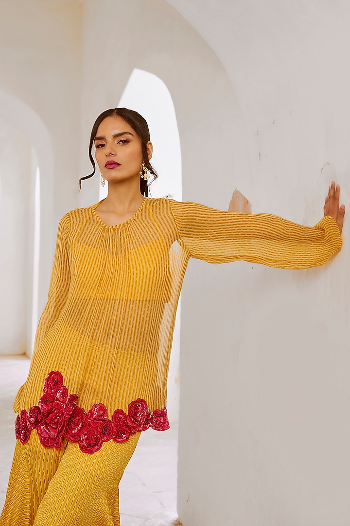 Marigold Yellow Silk Blend Printed & Resham Embroidered Tunic Set by Pallavi Jaipur at Pernia's Pop Up Shop