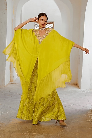 Lemon Green Summer Silk Mirror Work Frilled Cape Set by Pallavi Jaipur