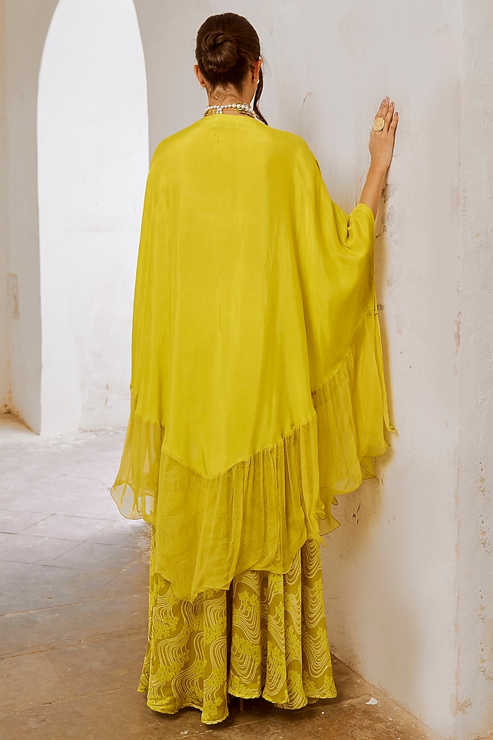 Lemon Green Summer Silk Mirror Work Frilled Cape Set by Pallavi Jaipur at Pernia's Pop Up Shop