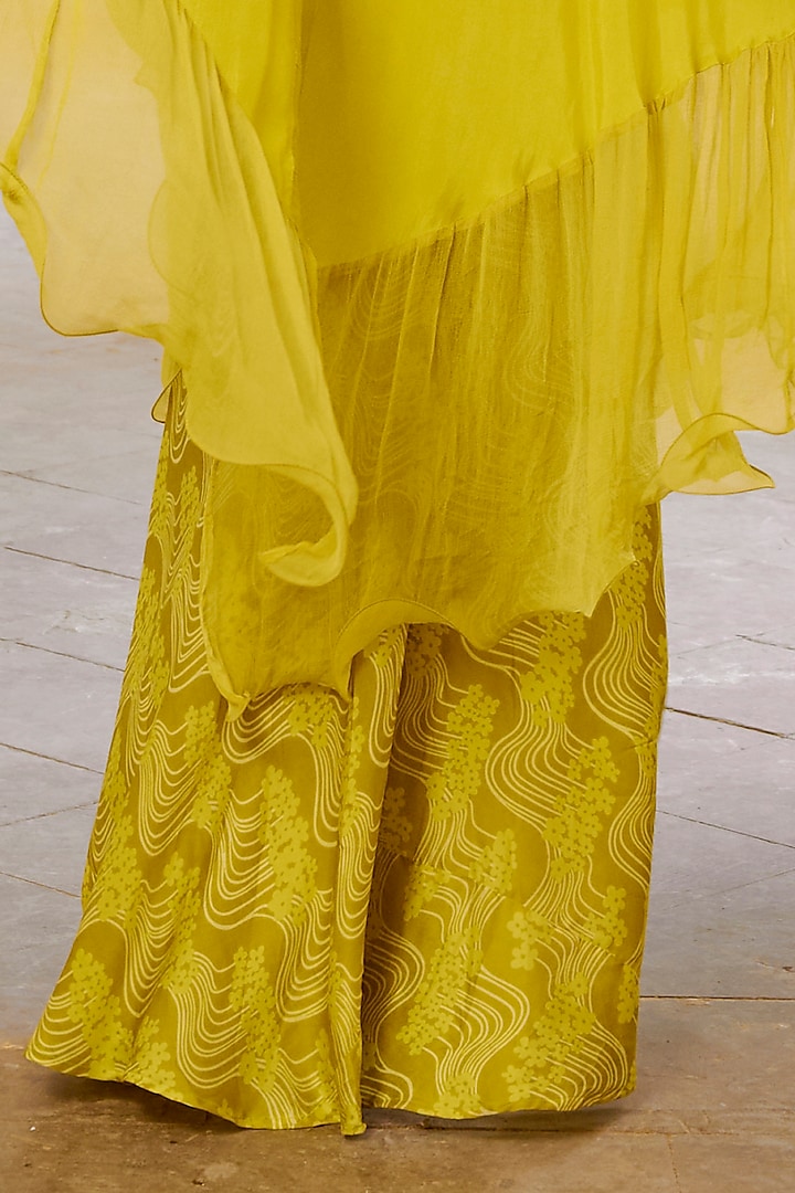 Lemon Green Summer Silk Mirror Work Frilled Cape Set by Pallavi Jaipur at Pernia's Pop Up Shop