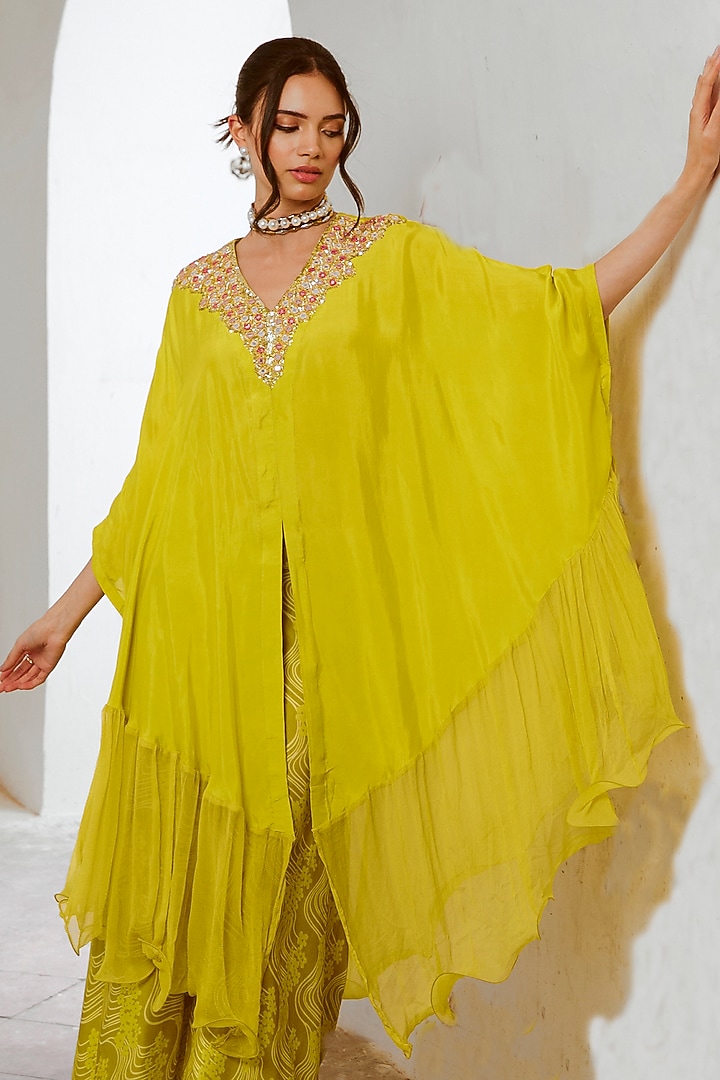 Lemon Green Summer Silk Mirror Work Frilled Cape Set by Pallavi Jaipur at Pernia's Pop Up Shop