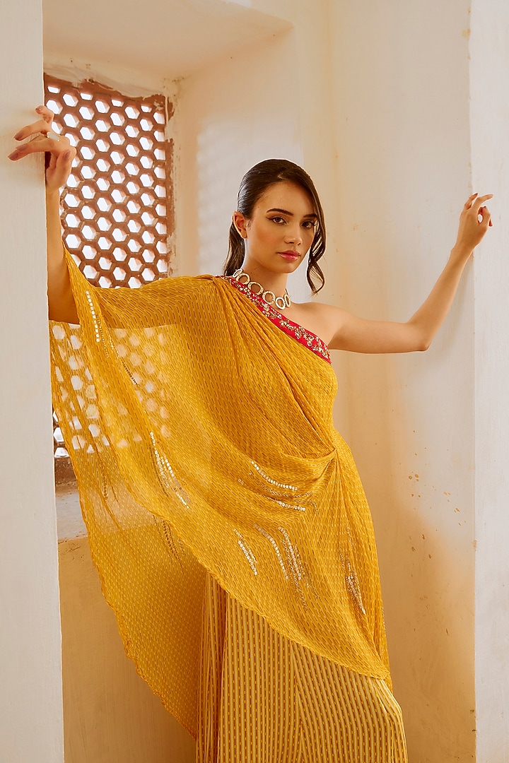 Marigold Yellow Silk Blend Printed Jumpsuit With Toga by Pallavi Jaipur at Pernia's Pop Up Shop