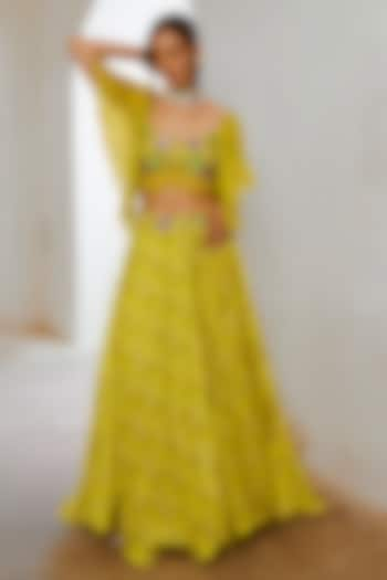 Lemon Green Silk Blend Floral Printed Flared Skirt Set by Pallavi Jaipur at Pernia's Pop Up Shop