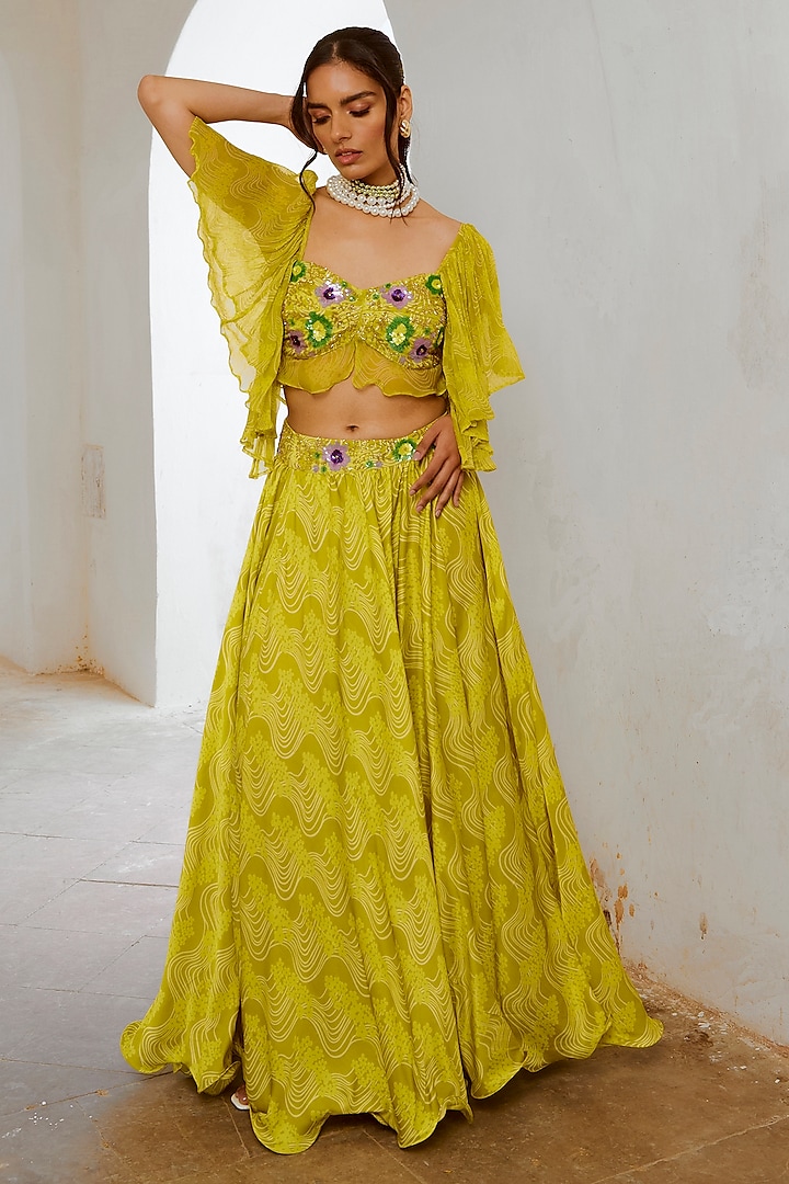 Lemon Green Silk Blend Floral Printed Flared Skirt Set by Pallavi Jaipur at Pernia's Pop Up Shop