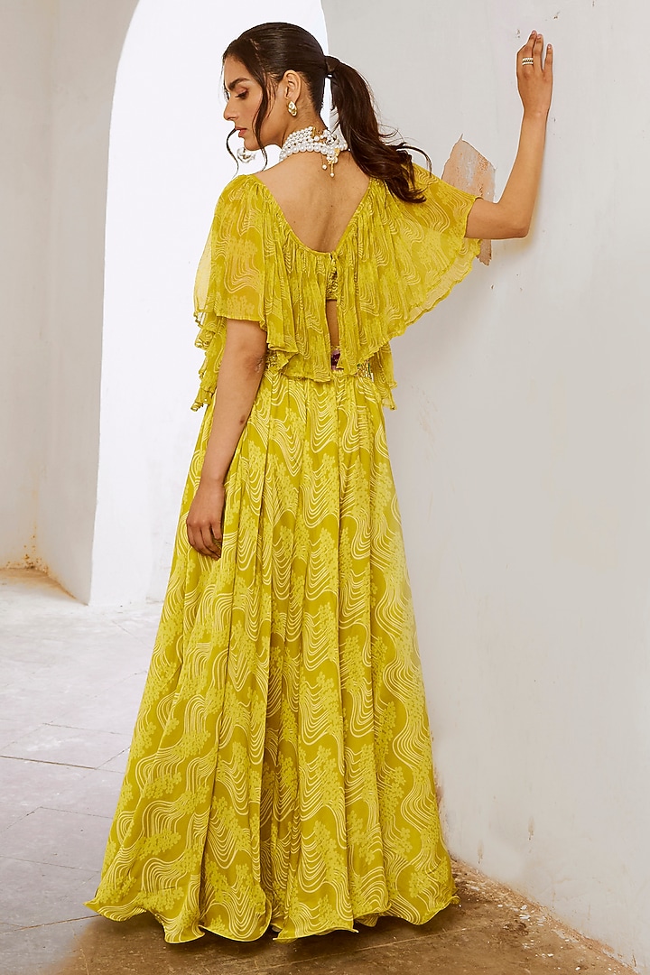 Lemon Green Silk Blend Floral Printed Flared Skirt Set by Pallavi Jaipur at Pernia's Pop Up Shop