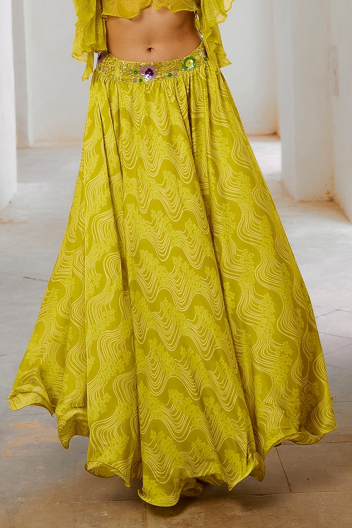 Lemon Green Silk Blend Floral Printed Flared Skirt Set by Pallavi Jaipur at Pernia's Pop Up Shop