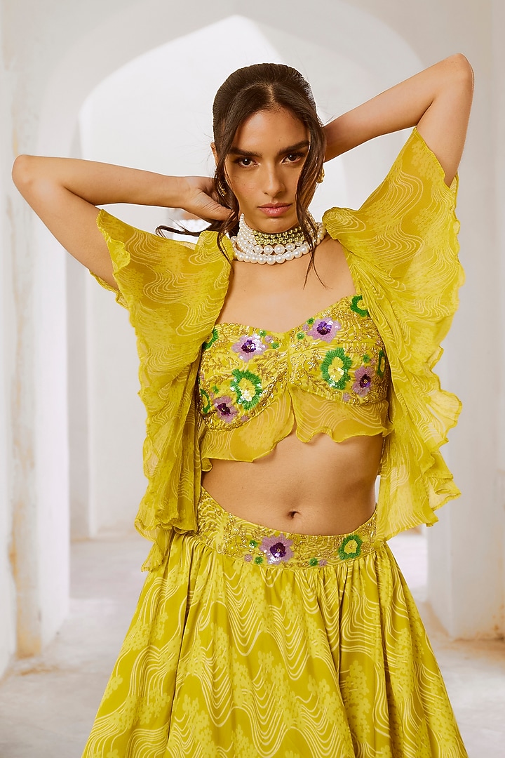 Lemon Green Silk Blend Floral Printed Flared Skirt Set by Pallavi Jaipur at Pernia's Pop Up Shop