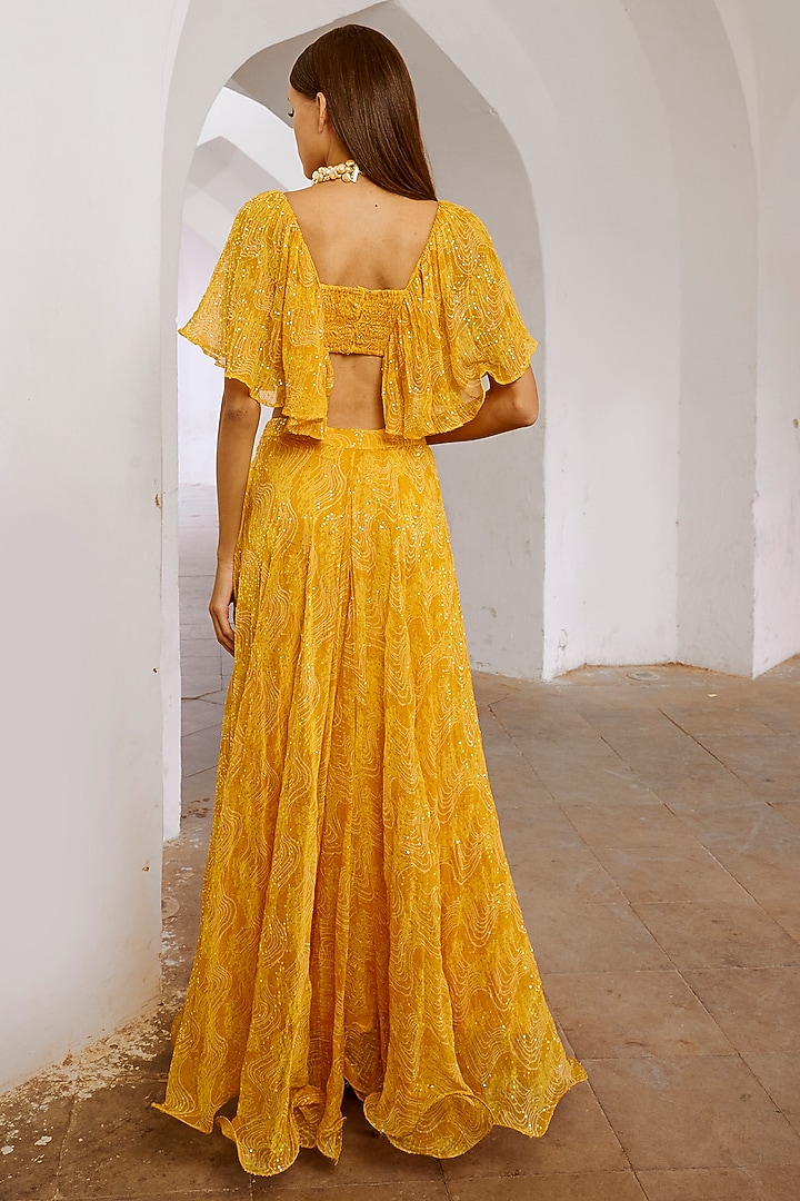 Lemon Green Chiffon Floral Printed Flared Skirt Set by Pallavi Jaipur at Pernia's Pop Up Shop