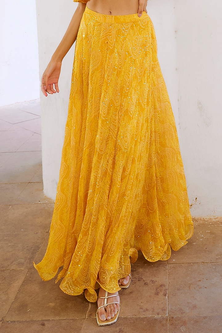 Lemon Green Chiffon Floral Printed Flared Skirt Set by Pallavi Jaipur at Pernia's Pop Up Shop