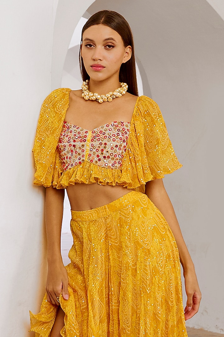 Lemon Green Chiffon Floral Printed Flared Skirt Set by Pallavi Jaipur at Pernia's Pop Up Shop