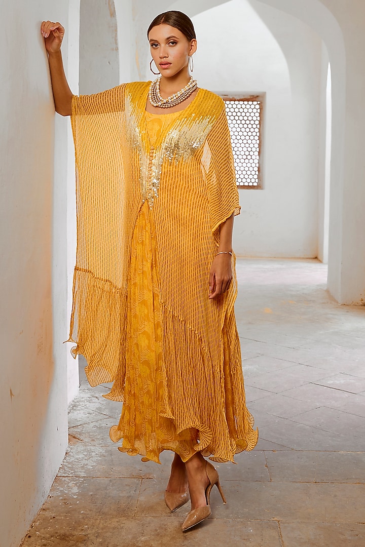 Marigold Yellow Silk Blend Floral Printed Maxi Dress With Kaftan  by Pallavi Jaipur at Pernia's Pop Up Shop