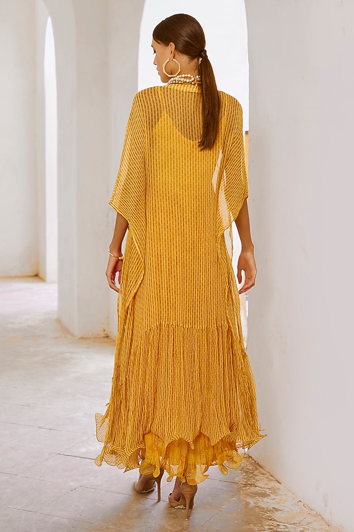 Marigold Yellow Silk Blend Floral Printed Maxi Vacation Dress With Kaftan by Pallavi Jaipur at Pernia's Pop Up Shop