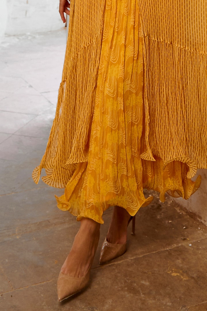 Marigold Yellow Silk Blend Floral Printed Maxi Vacation Dress With Kaftan by Pallavi Jaipur at Pernia's Pop Up Shop