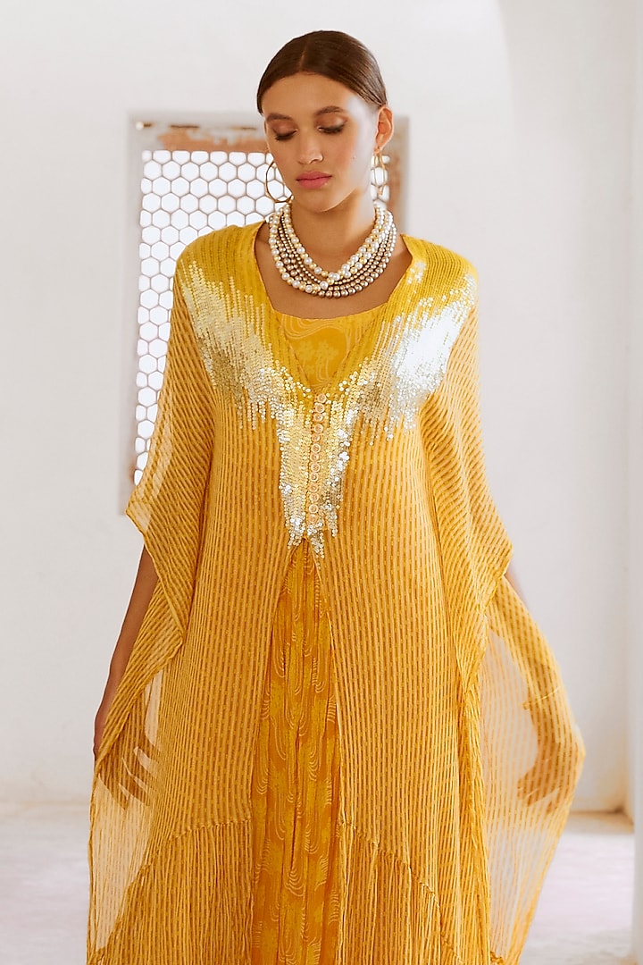 Marigold Yellow Silk Blend Floral Printed Maxi Vacation Dress With Kaftan by Pallavi Jaipur at Pernia's Pop Up Shop