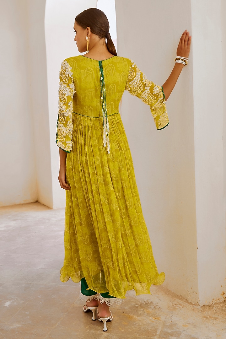 Lemon Green Chiffon Floral Printed & Pearl Embroidered Wedding Anarkali Set by Pallavi Jaipur at Pernia's Pop Up Shop