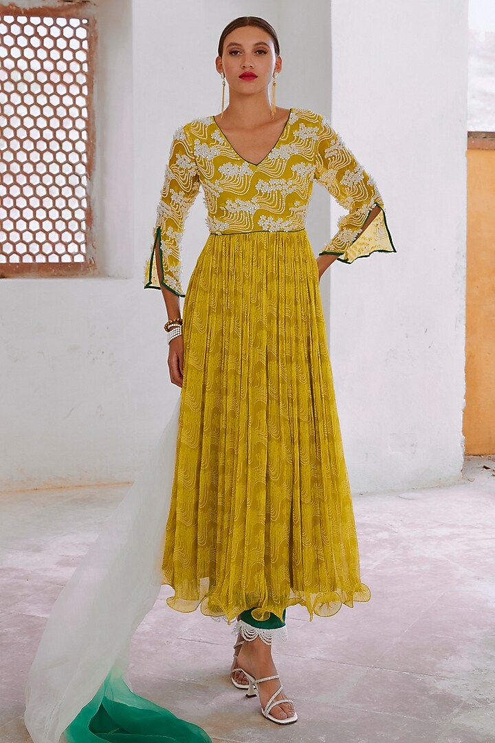Lemon Green Chiffon Floral Printed & Pearl Embroidered Wedding Anarkali Set by Pallavi Jaipur at Pernia's Pop Up Shop