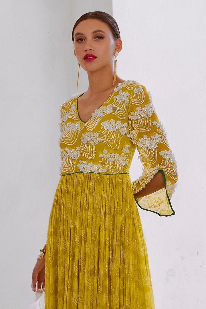Lemon Green Chiffon Floral Printed & Pearl Embroidered Wedding Anarkali Set by Pallavi Jaipur at Pernia's Pop Up Shop