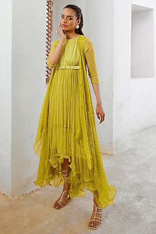 Lemon Green Silk Blend & Chiffon Printed Midi Jacket Dress by Pallavi Jaipur