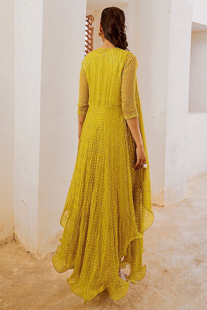 Lemon Green Silk Blend & Chiffon Printed Midi Jacket Vacation Dress by Pallavi Jaipur at Pernia's Pop Up Shop